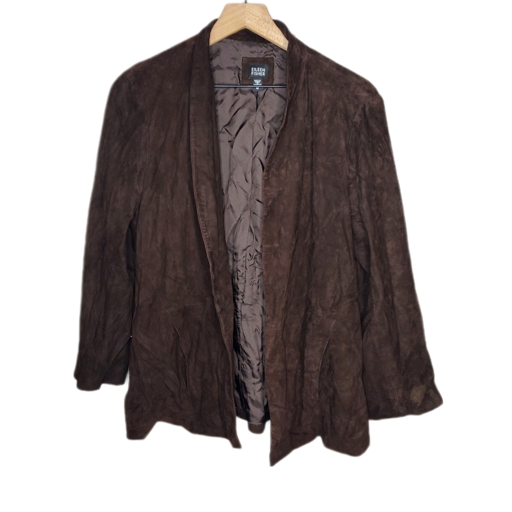 Eileen Fisher Size M Brown 100% Genuine Goat Suede Jacket Blazer Coat